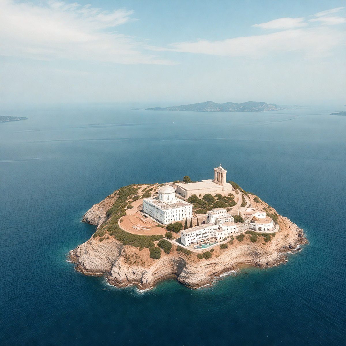 The primary subject of the image is a large white building situated on a small island in the middle of a body of water. The building appears to be a castle-like structure, surrounded by water. The setting is a beautiful blue ocean, creating a serene and picturesque scene. The visual style of the image is a photo, capturing the stunning architecture and natural beauty of the island. The colors and mood of the image are predominantly blue, creating a sense of calmness and tranquility.